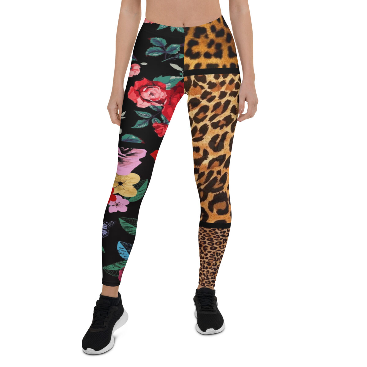 Designer Leggings Black Floral Leopard Animal Print - Image 2