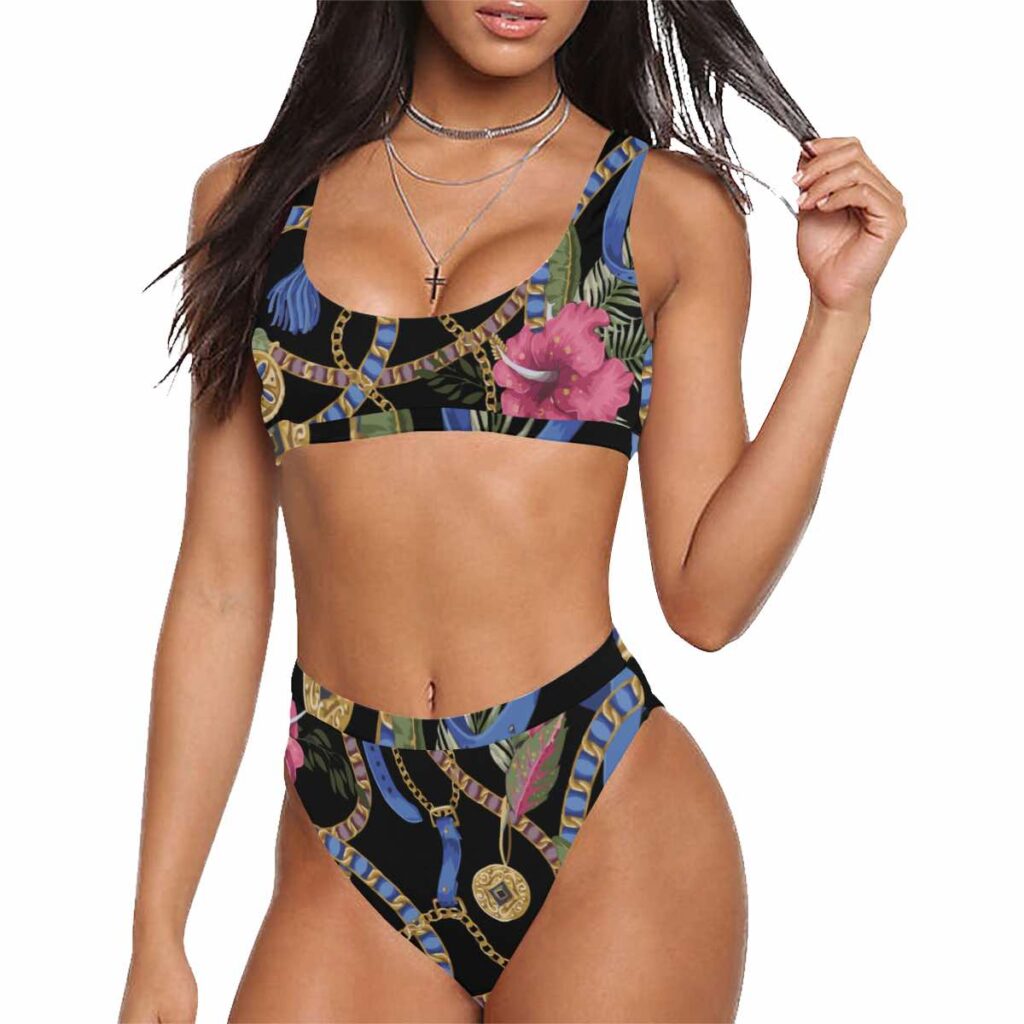 Sport Top & High Waist Bikini Bottoms | Black Pink Flower Floral