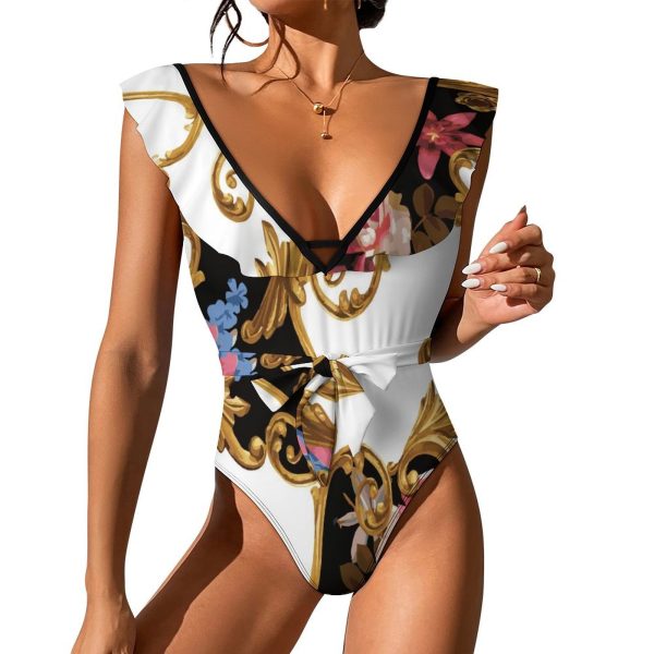 Waist Tie Deep V One Piece Swimsuit
