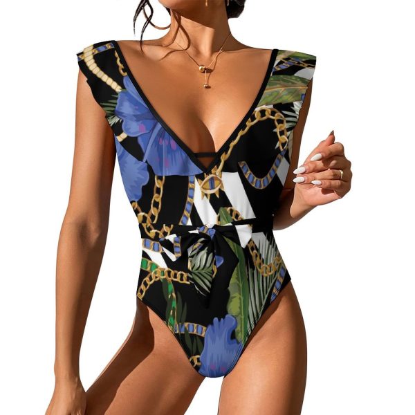 Waist Tie Deep V One Piece Swimsuit