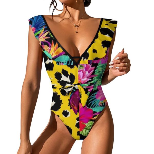 Waist Tie Deep V One Piece Swimsuit