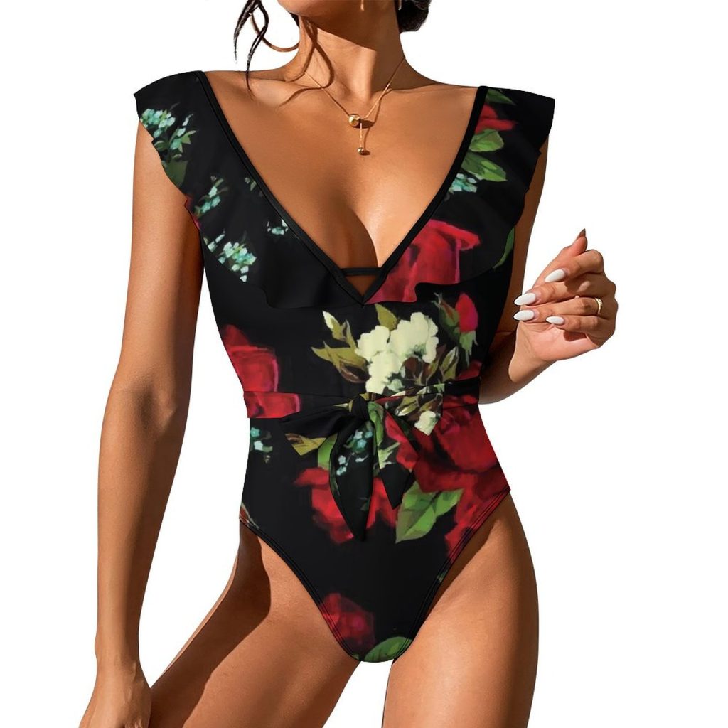 Black Rose Floral Waist Tie Deep V One Piece Swimsuit