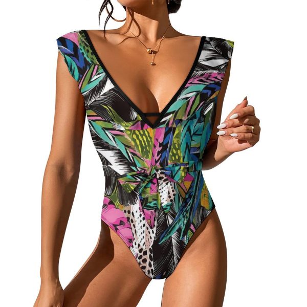 Waist Tie Deep V One Piece Swimsuit