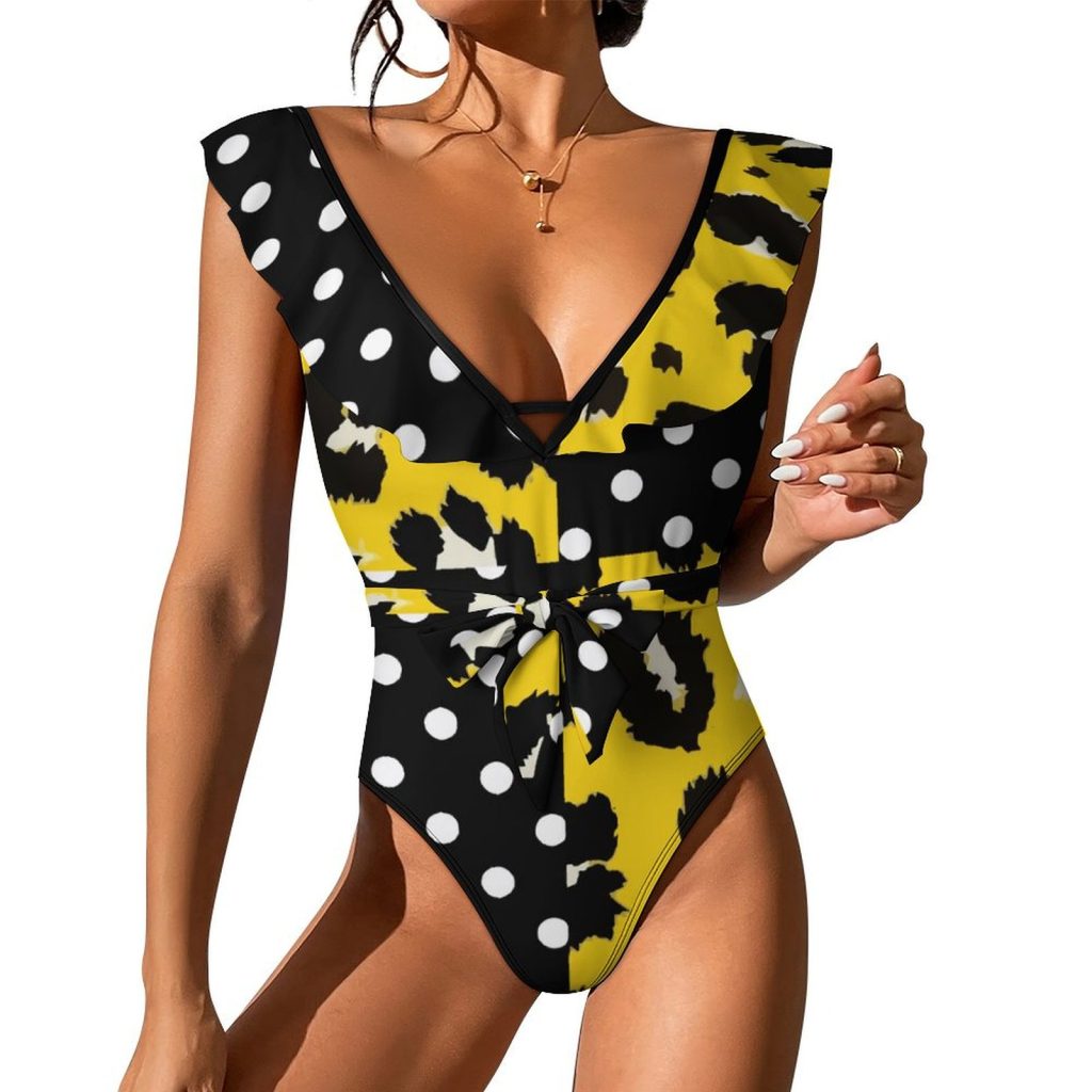 Black Polka Dots Yellow Waist Tie Deep V One Piece Swimsuit