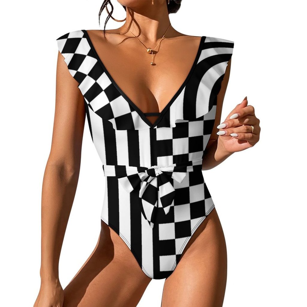 Black White Striped Checkered Waist Tie Deep V One Piece Swimsuit