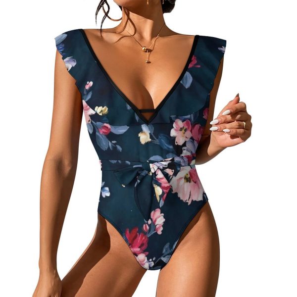 Waist Tie Deep V One Piece Swimsuit