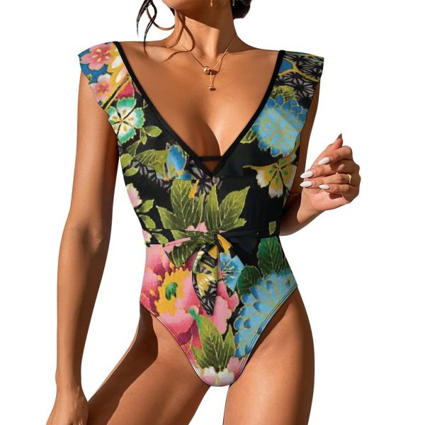 Waist Tie Deep V One Piece Swimsuit