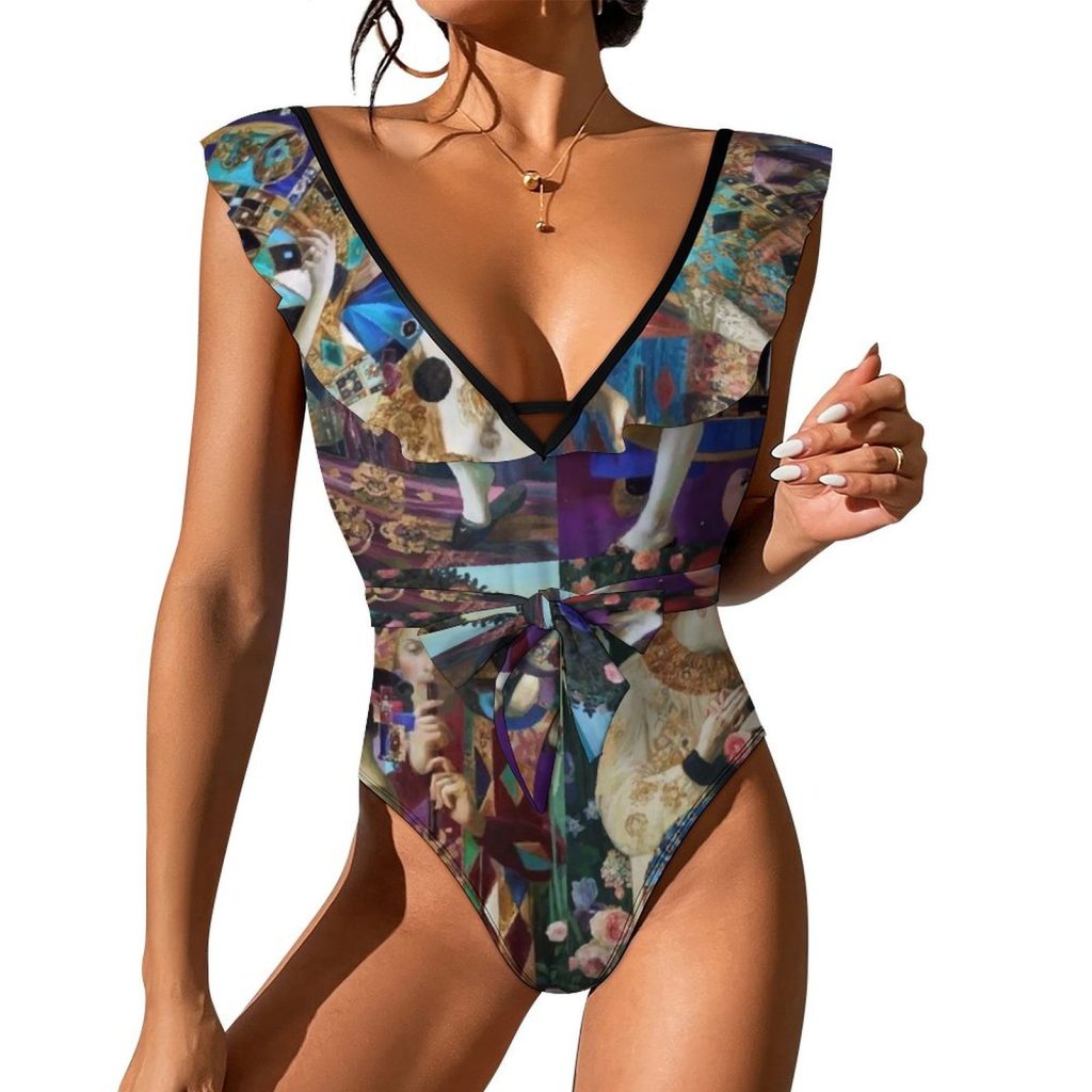 Artistic Portrail Waist Tie Deep V One Piece Swimsuit