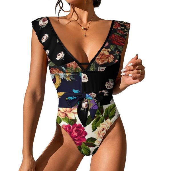 Waist Tie Deep V One Piece Swimsuit