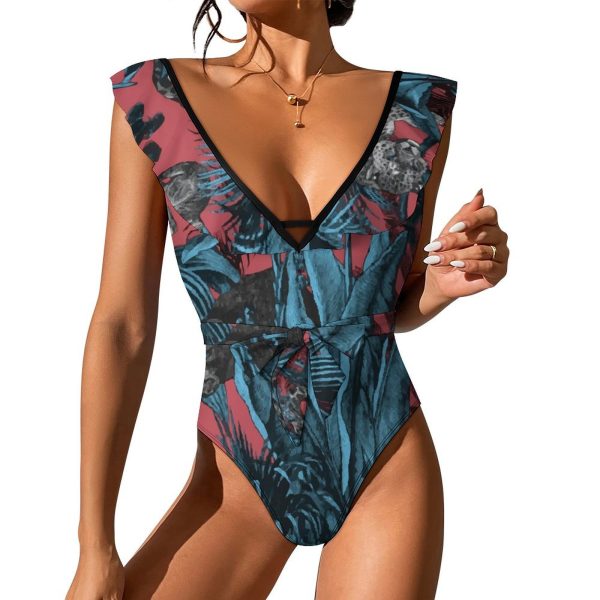 Waist Tie Deep V One Piece Swimsuit