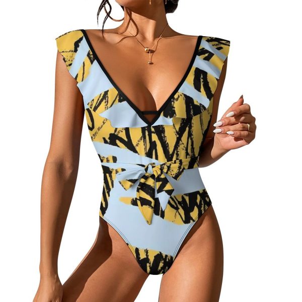 Waist Tie Deep V One Piece Swimsuit