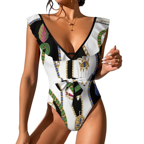 Waist Tie Deep V One Piece Swimsuit