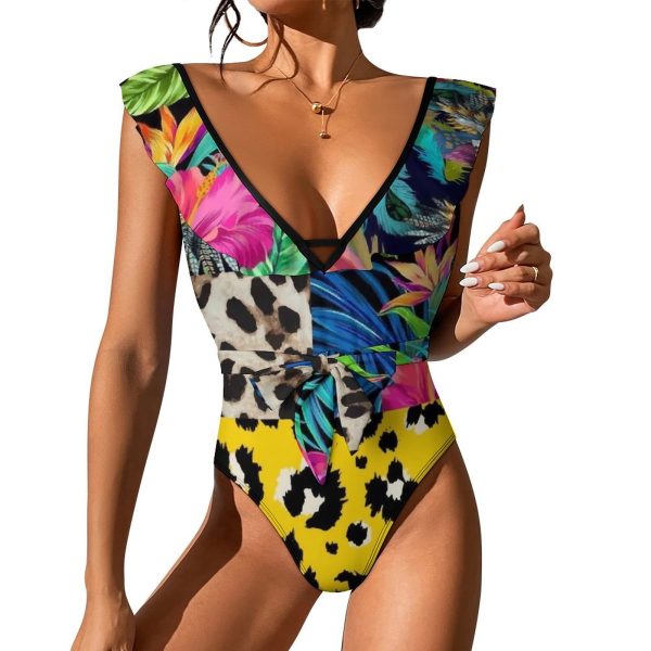 Waist Tie Deep V One Piece Swimsuit