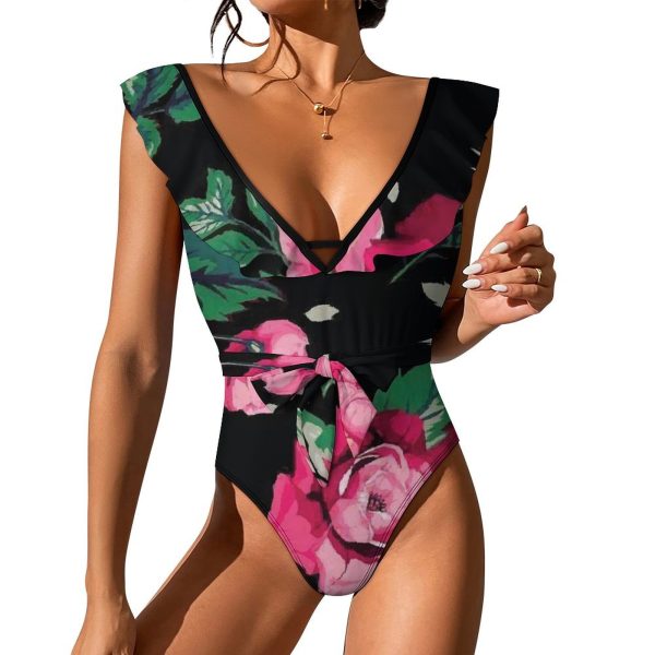 Waist Tie Deep V One Piece Swimsuit