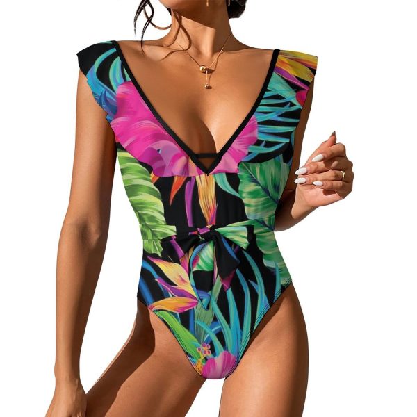 Waist Tie Deep V One Piece Swimsuit