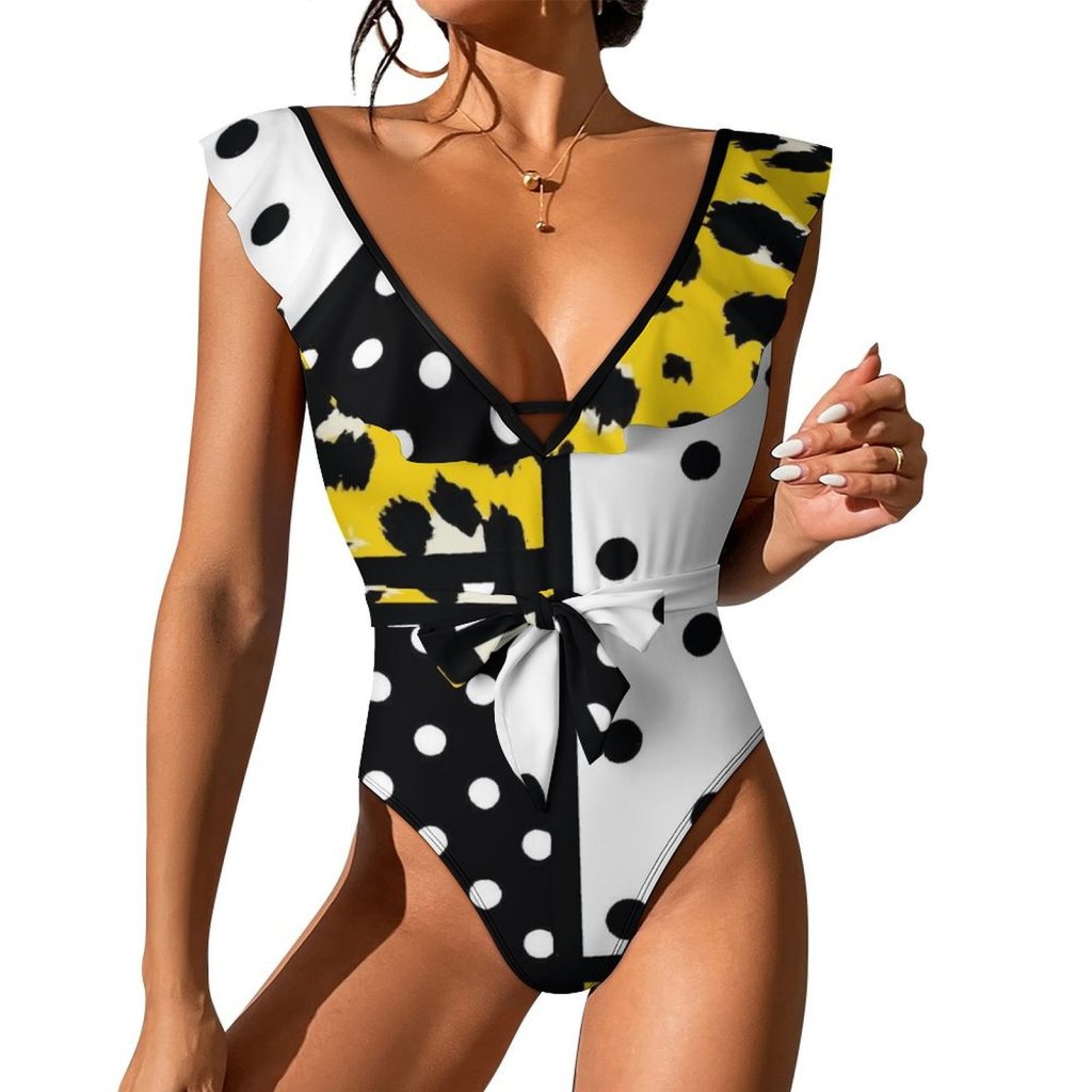 Black White Polka Dots Waist Tie Deep V One Piece Swimsuit