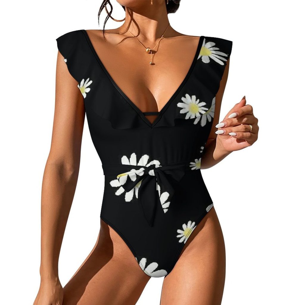 Black Floral Waist Tie Deep V One Piece Swimsuit