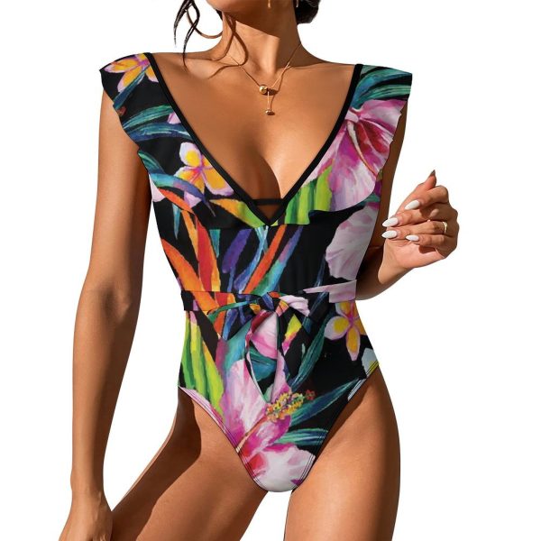 Waist Tie Deep V One Piece Swimsuit