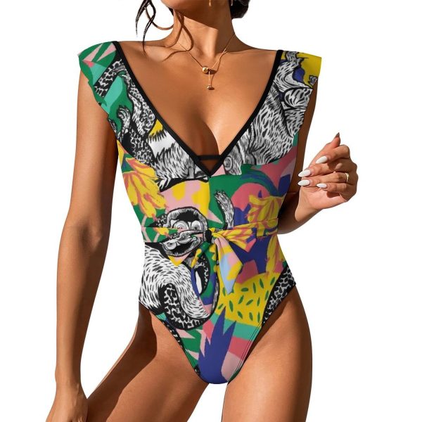 Waist Tie Deep V One Piece Swimsuit